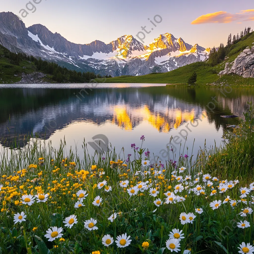 Alpine lake at sunset with reflections of snow-capped peaks and wildflowers - Image 1