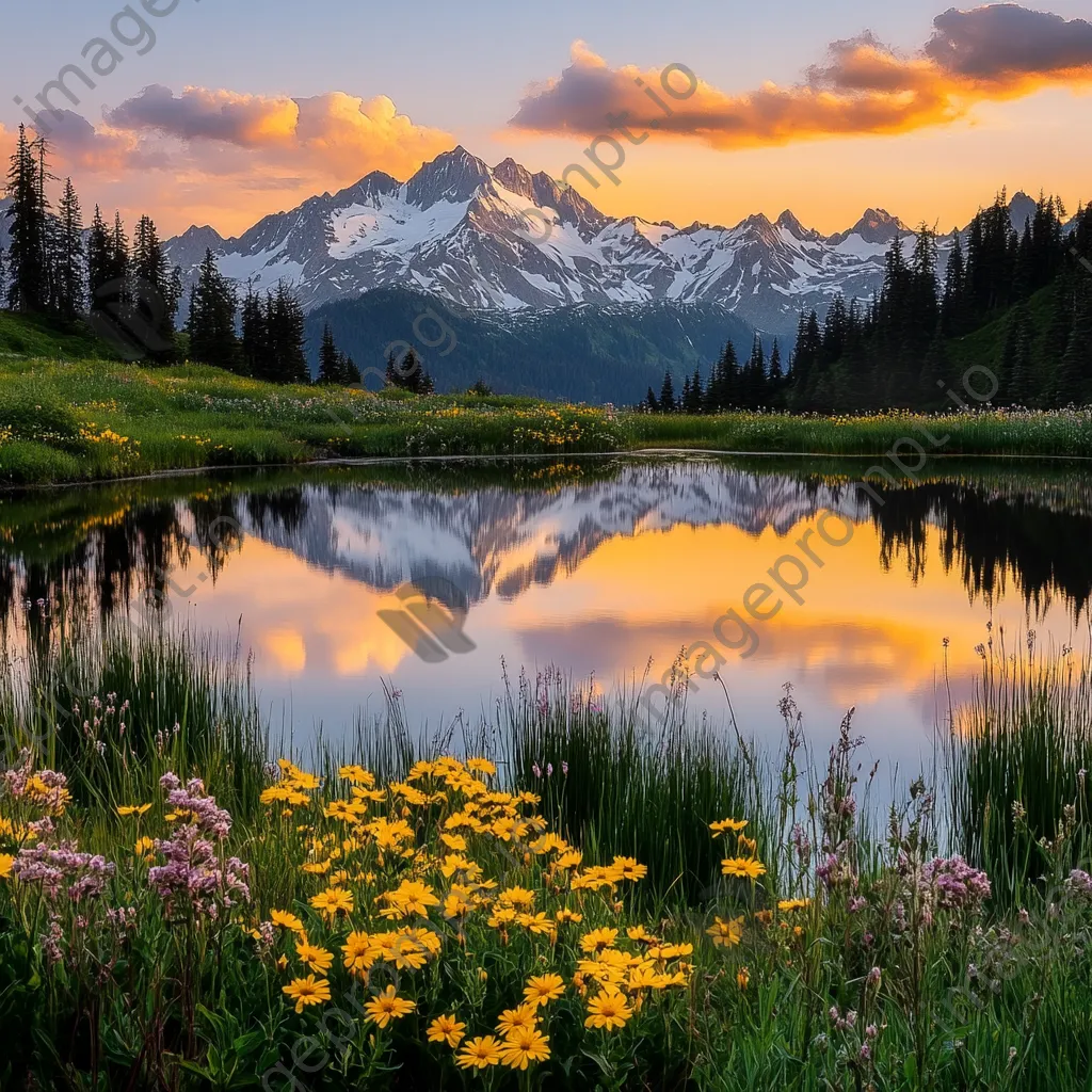 Alpine lake at sunset with reflections of snow-capped peaks and wildflowers - Image 2