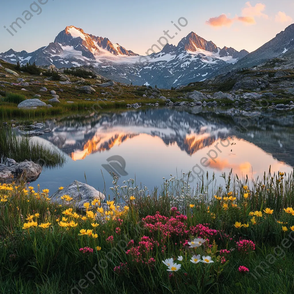 Alpine lake at sunset with reflections of snow-capped peaks and wildflowers - Image 3