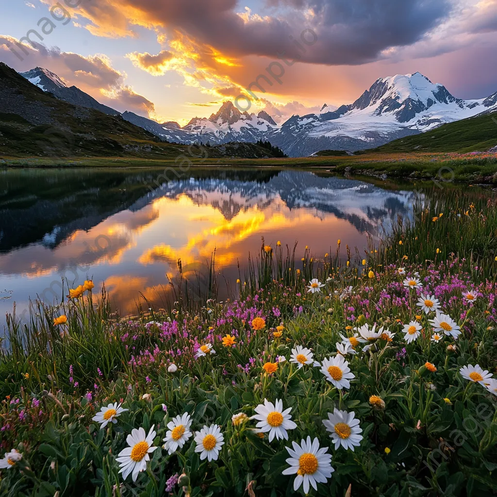 Alpine lake at sunset with reflections of snow-capped peaks and wildflowers - Image 4