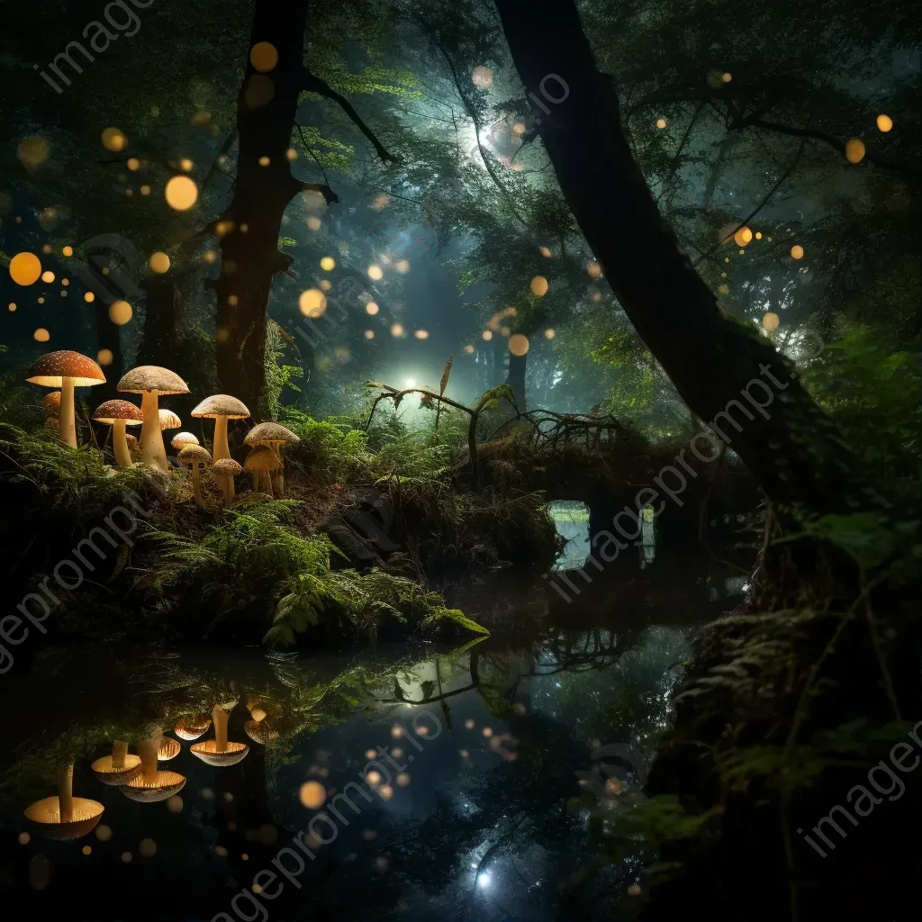 Enchanted forest at twilight with glowing mushrooms and fireflies - Image 1