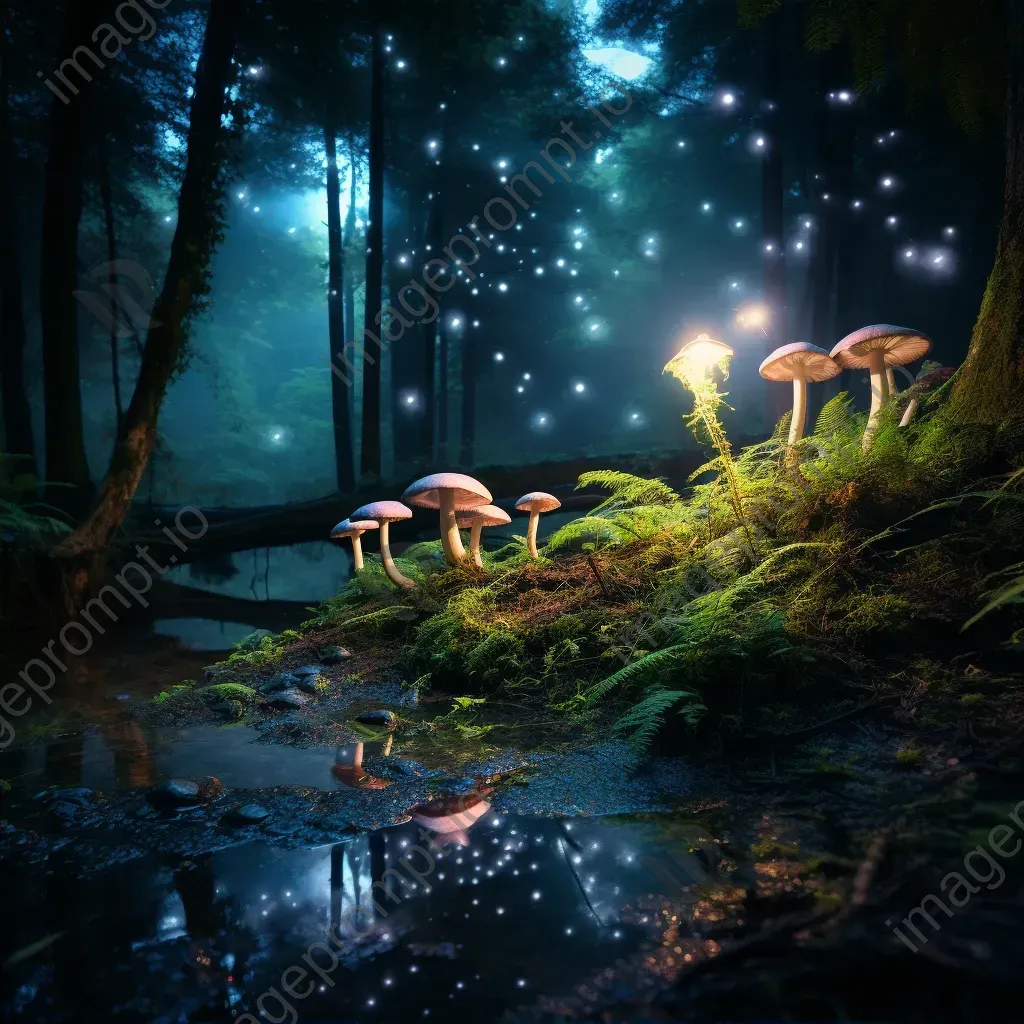 Enchanted forest at twilight with glowing mushrooms and fireflies - Image 2