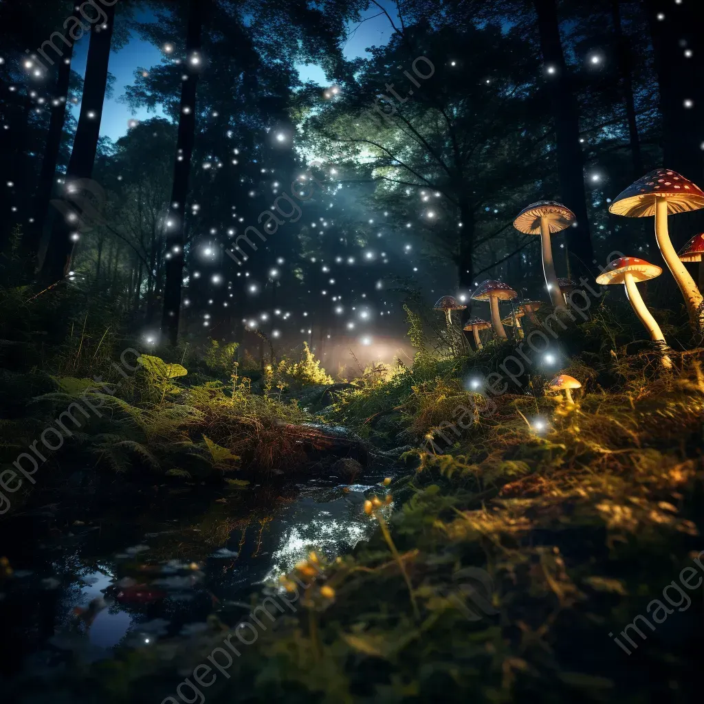 Enchanted forest at twilight with glowing mushrooms and fireflies - Image 3