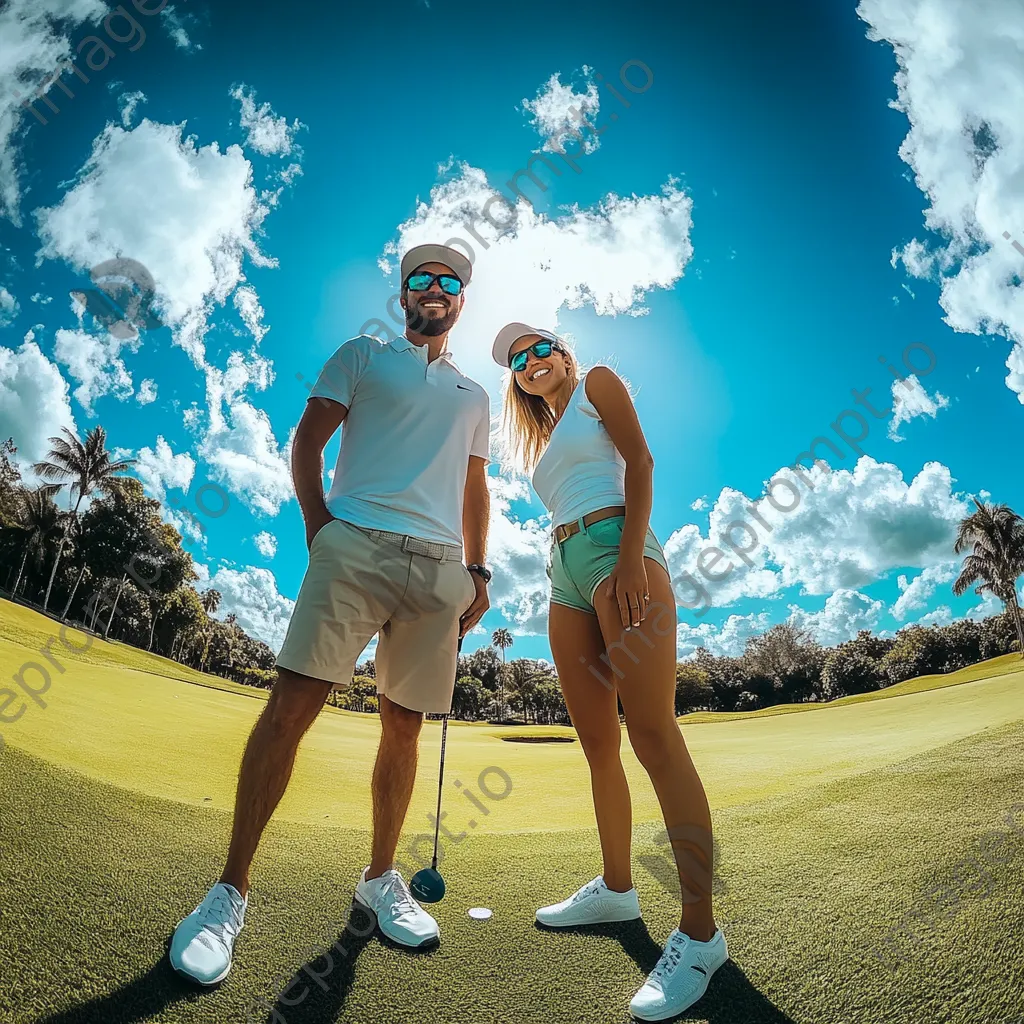 Couple sharing a laugh while playing golf on a vibrant course - Image 1