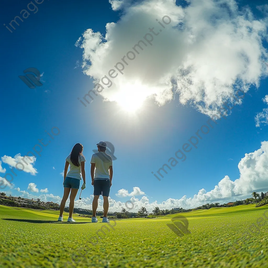 Couple sharing a laugh while playing golf on a vibrant course - Image 2