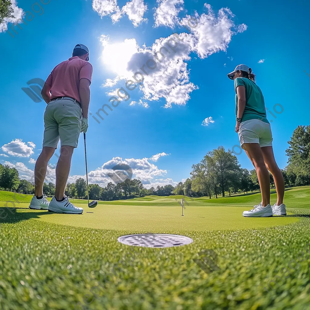 Couple sharing a laugh while playing golf on a vibrant course - Image 4