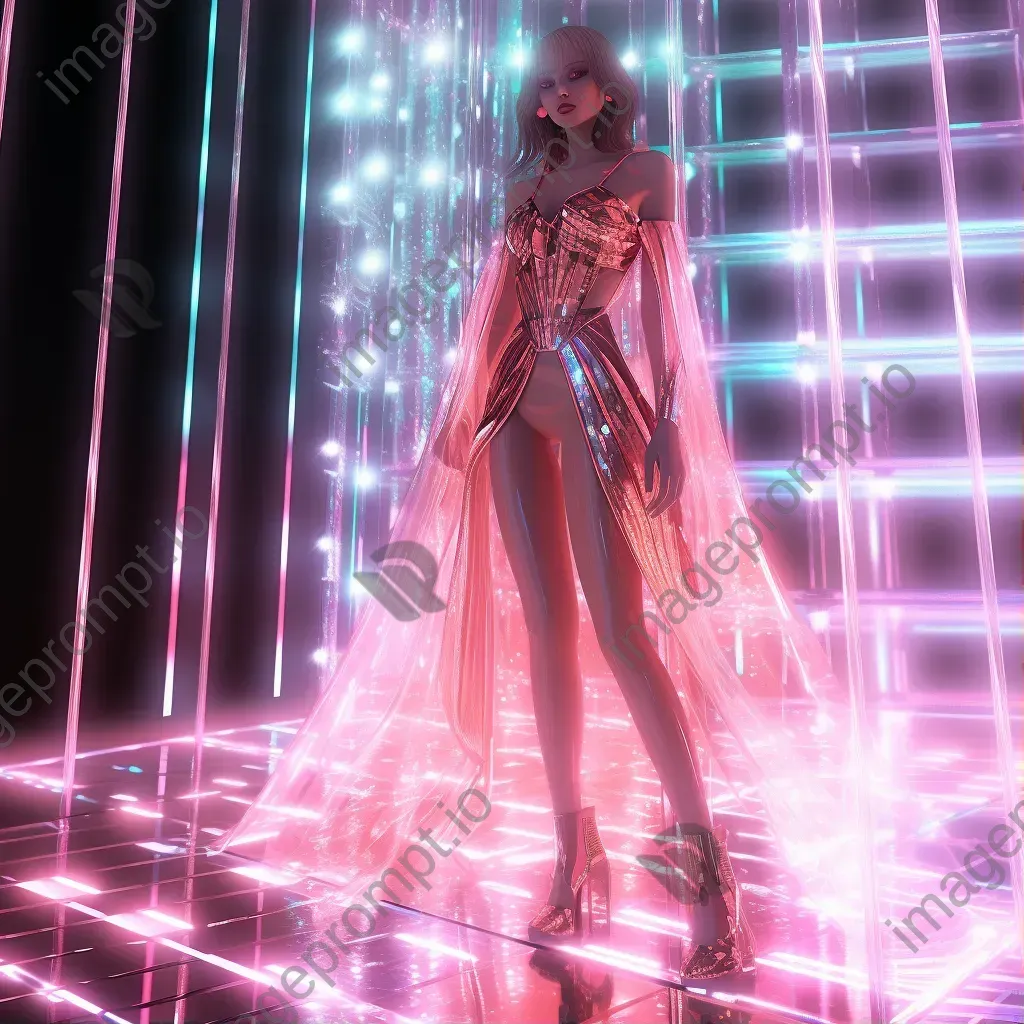 Artwork showcasing a futuristic digital avatar fashion show, with pixel couture parading on a holographic runway - Image 1