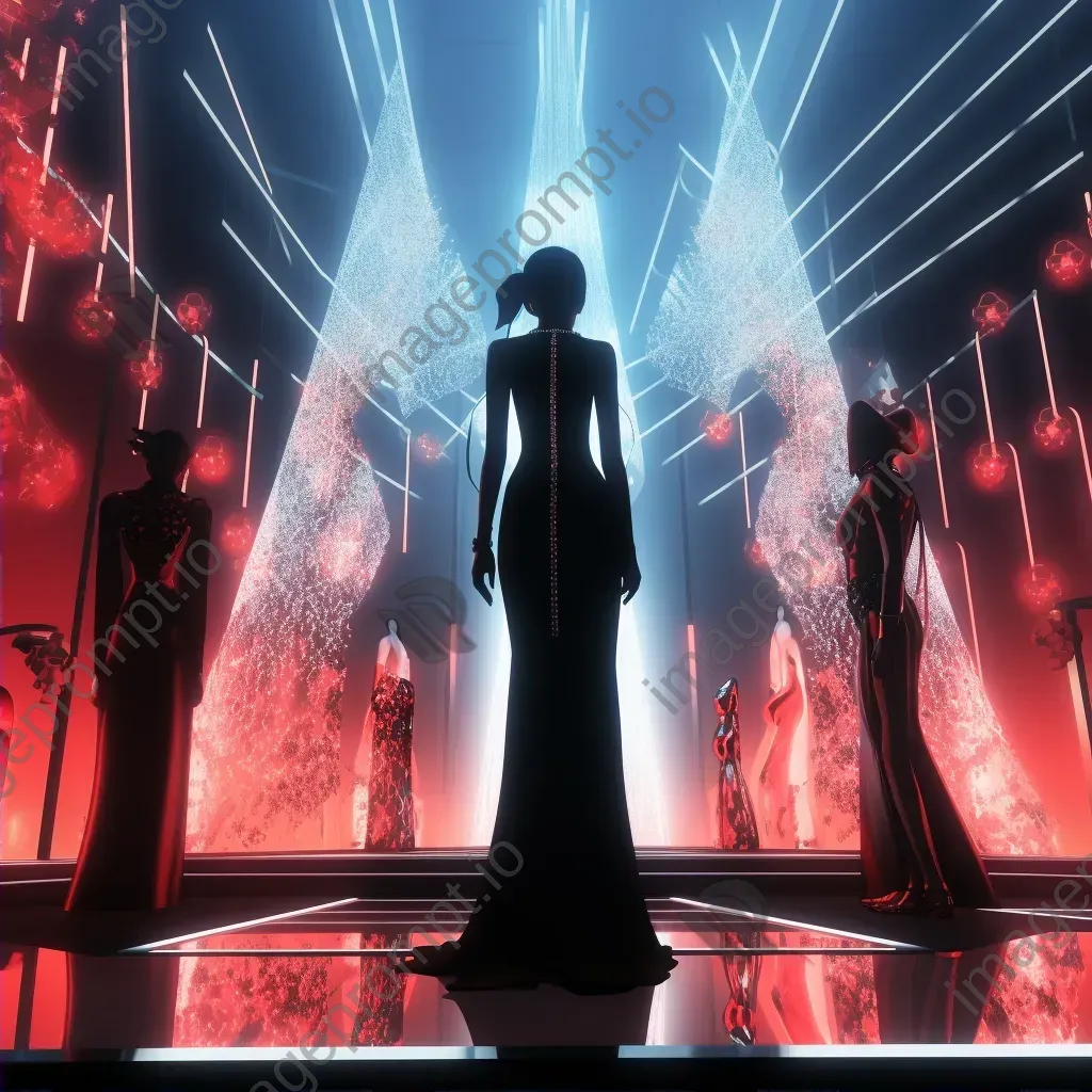 Artwork showcasing a futuristic digital avatar fashion show, with pixel couture parading on a holographic runway - Image 2