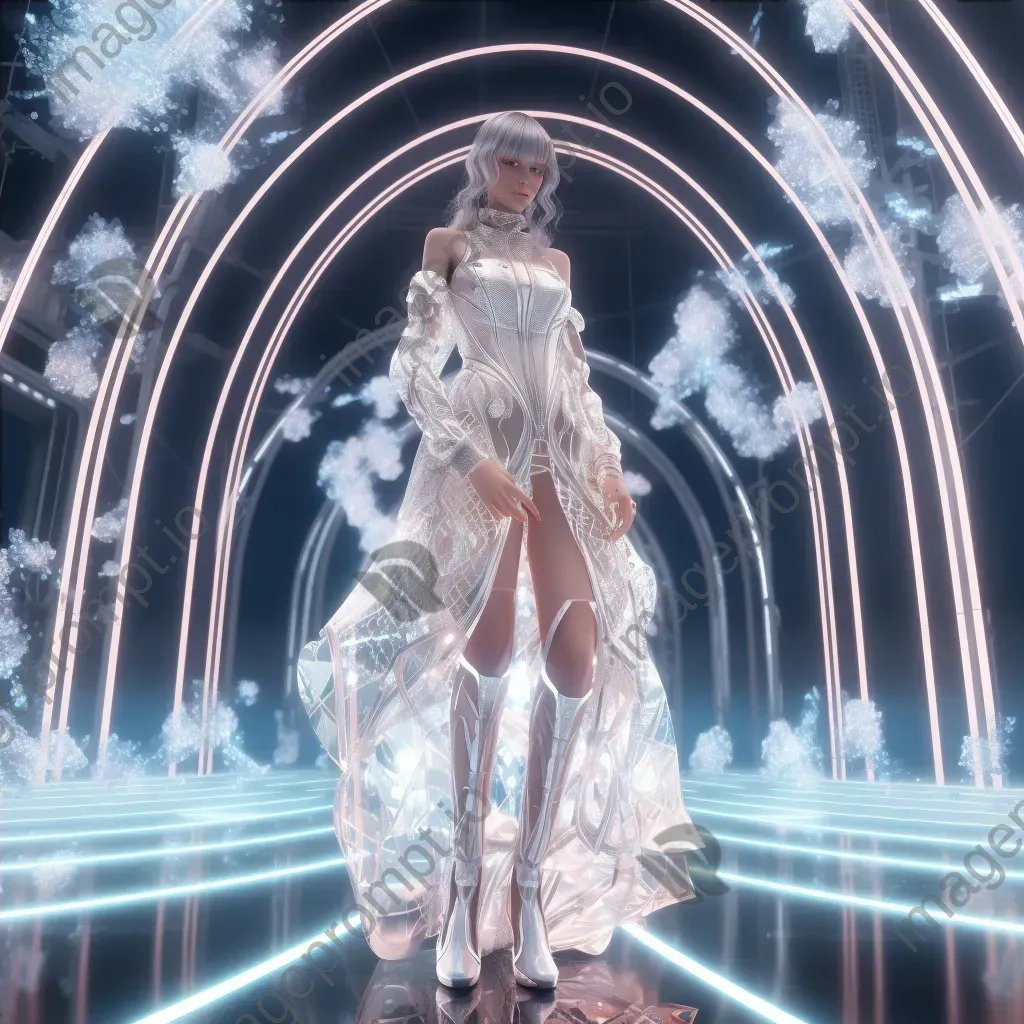 Artwork showcasing a futuristic digital avatar fashion show, with pixel couture parading on a holographic runway - Image 4