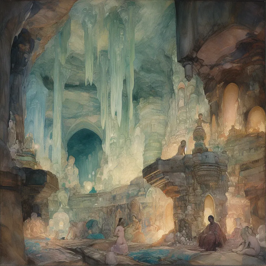 Underworld city carved in cavern walls with glowing crystals - Image 2