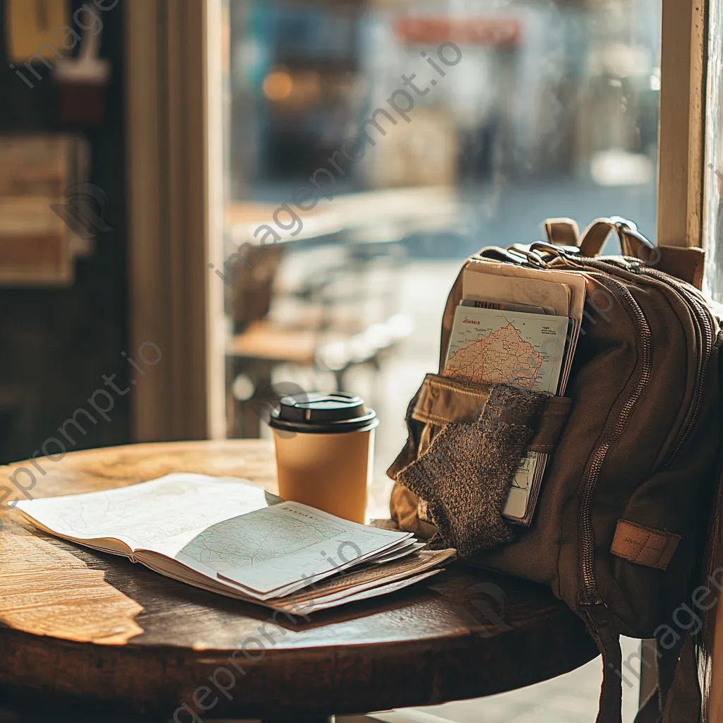 An open travel bag revealing maps and a passport by a café window. - Image 1