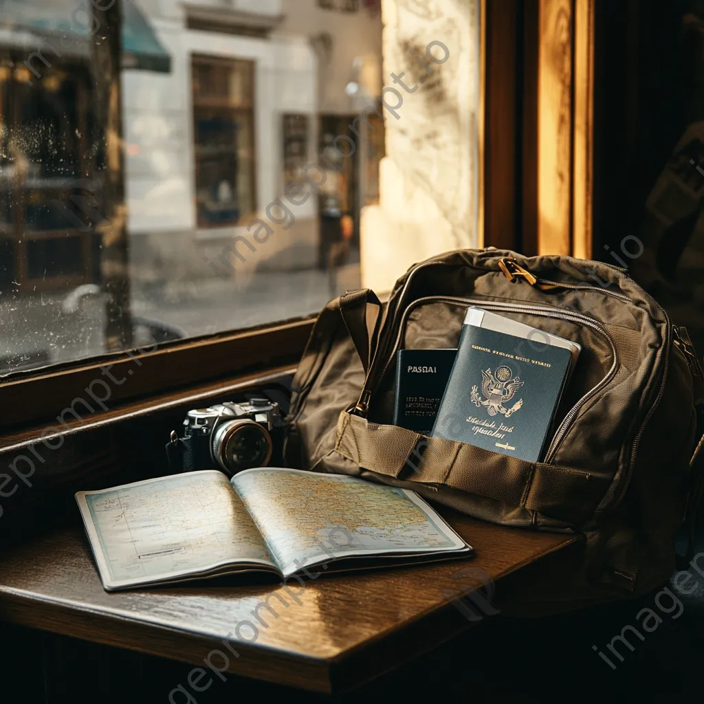 An open travel bag revealing maps and a passport by a café window. - Image 2