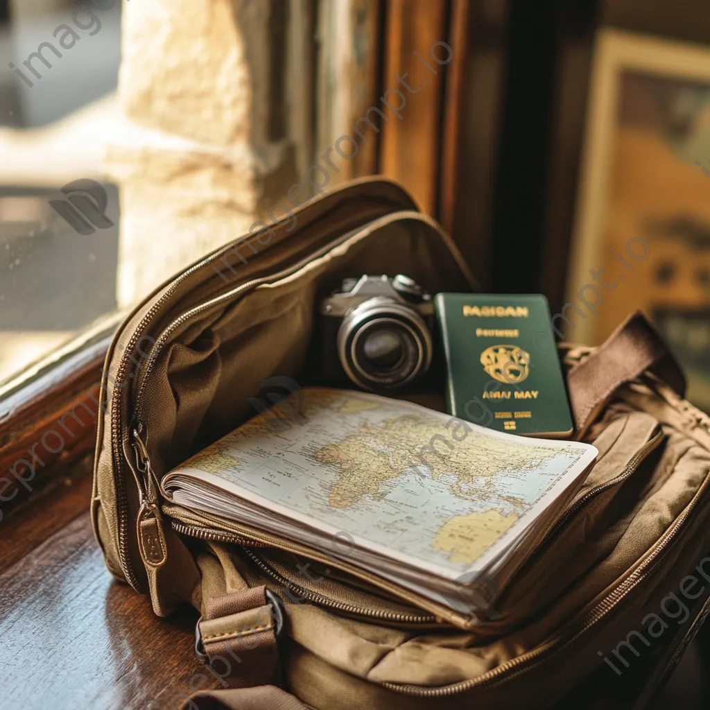 An open travel bag revealing maps and a passport by a café window. - Image 3