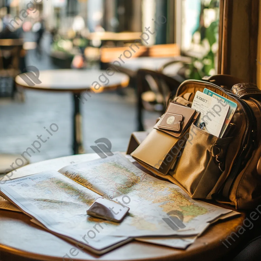 An open travel bag revealing maps and a passport by a café window. - Image 4