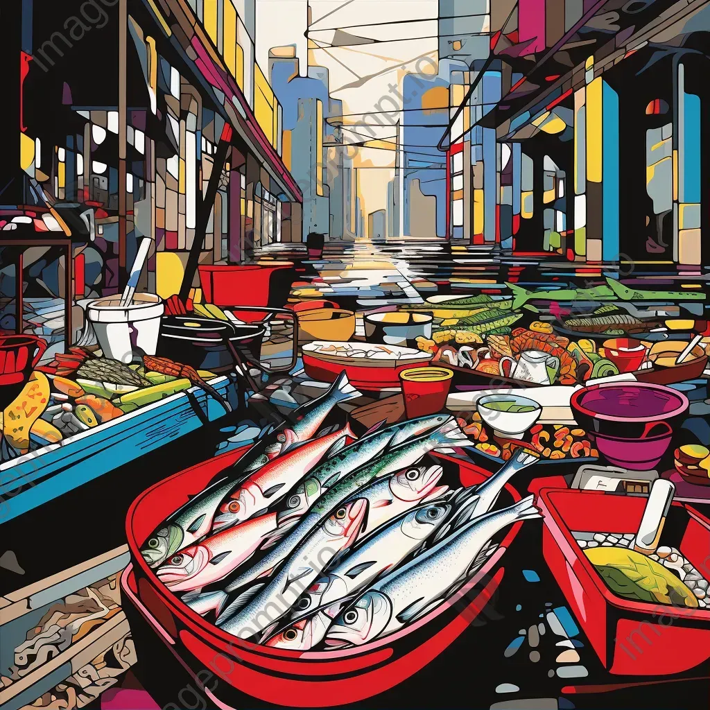 Vibrant depiction of a bustling fishing market in bold Pop Art style - Image 1