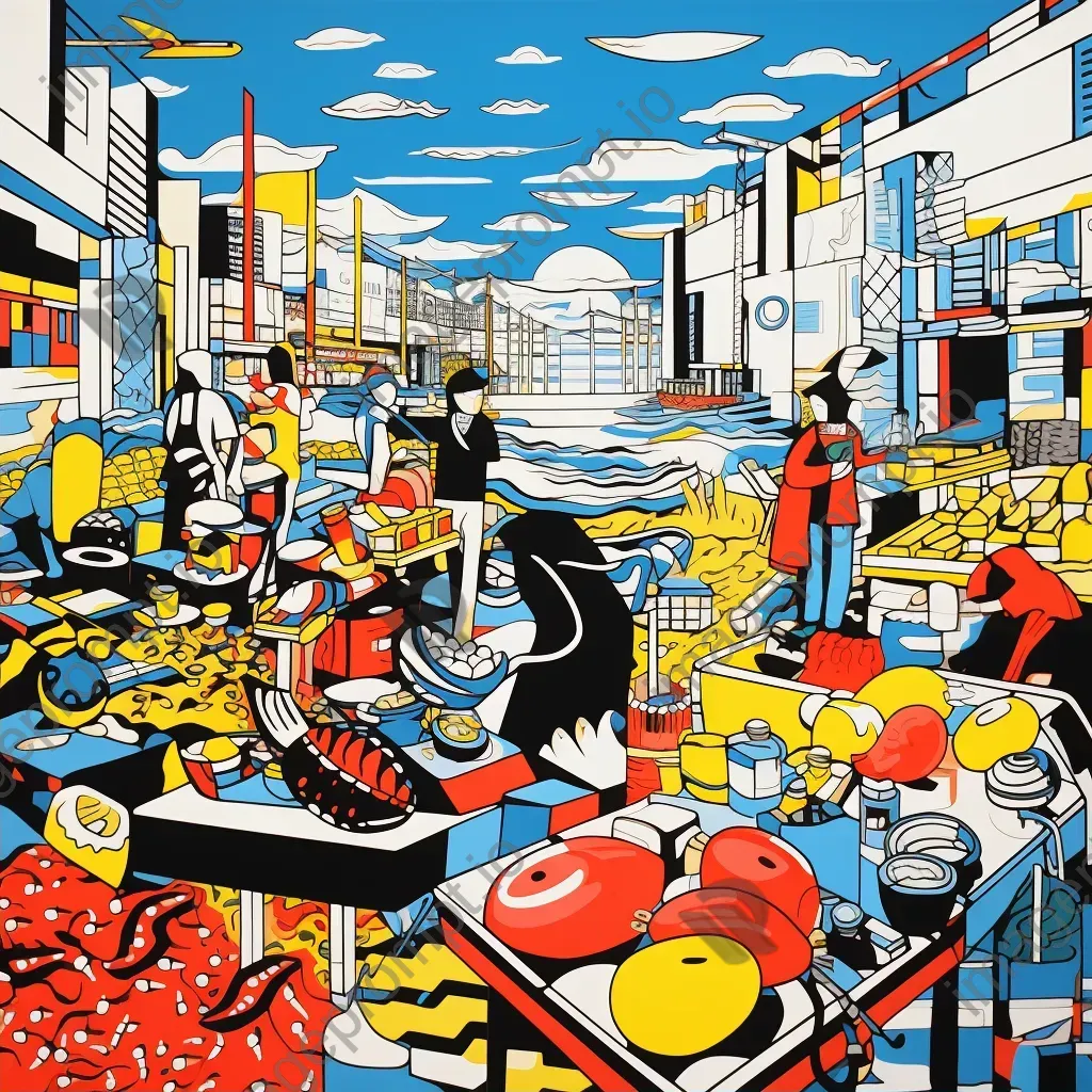 Vibrant depiction of a bustling fishing market in bold Pop Art style - Image 2