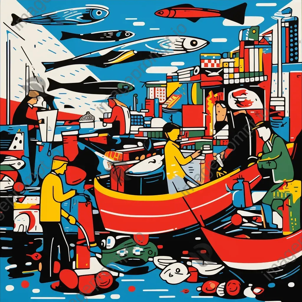 Vibrant depiction of a bustling fishing market in bold Pop Art style - Image 3