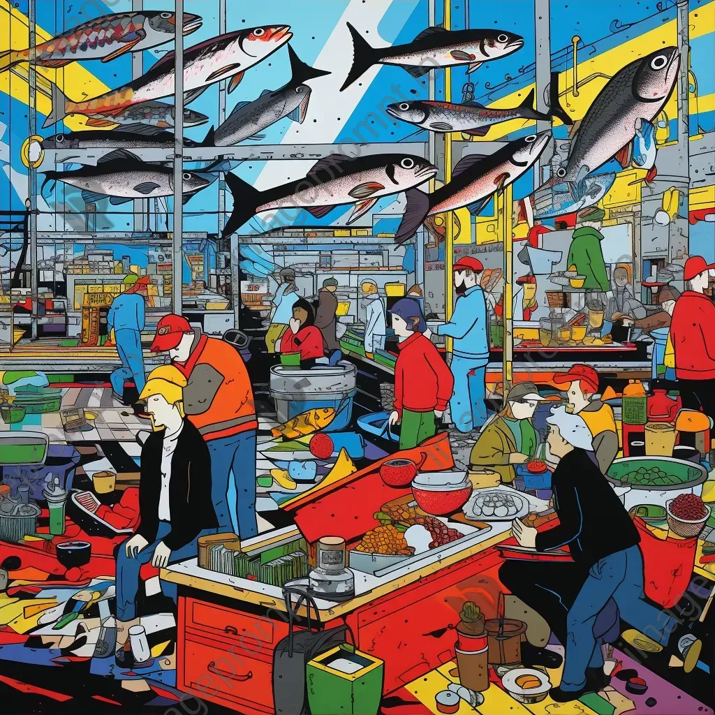 Vibrant depiction of a bustling fishing market in bold Pop Art style - Image 4