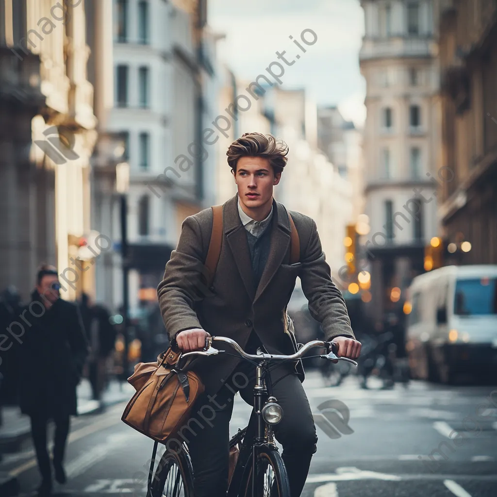 Young man commuting on a vintage bicycle in a bustling city - Image 1