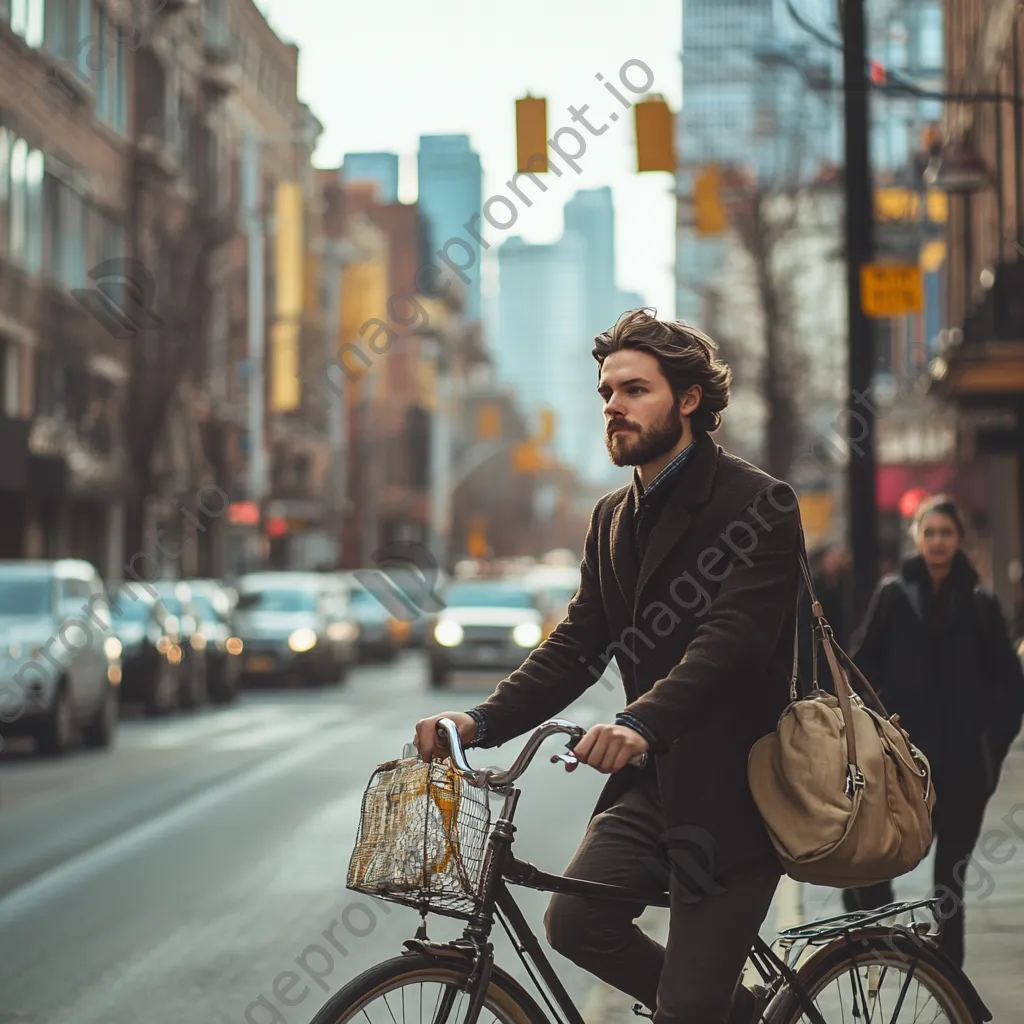 Young man commuting on a vintage bicycle in a bustling city - Image 2