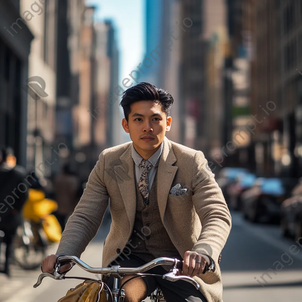 Young man commuting on a vintage bicycle in a bustling city - Image 3