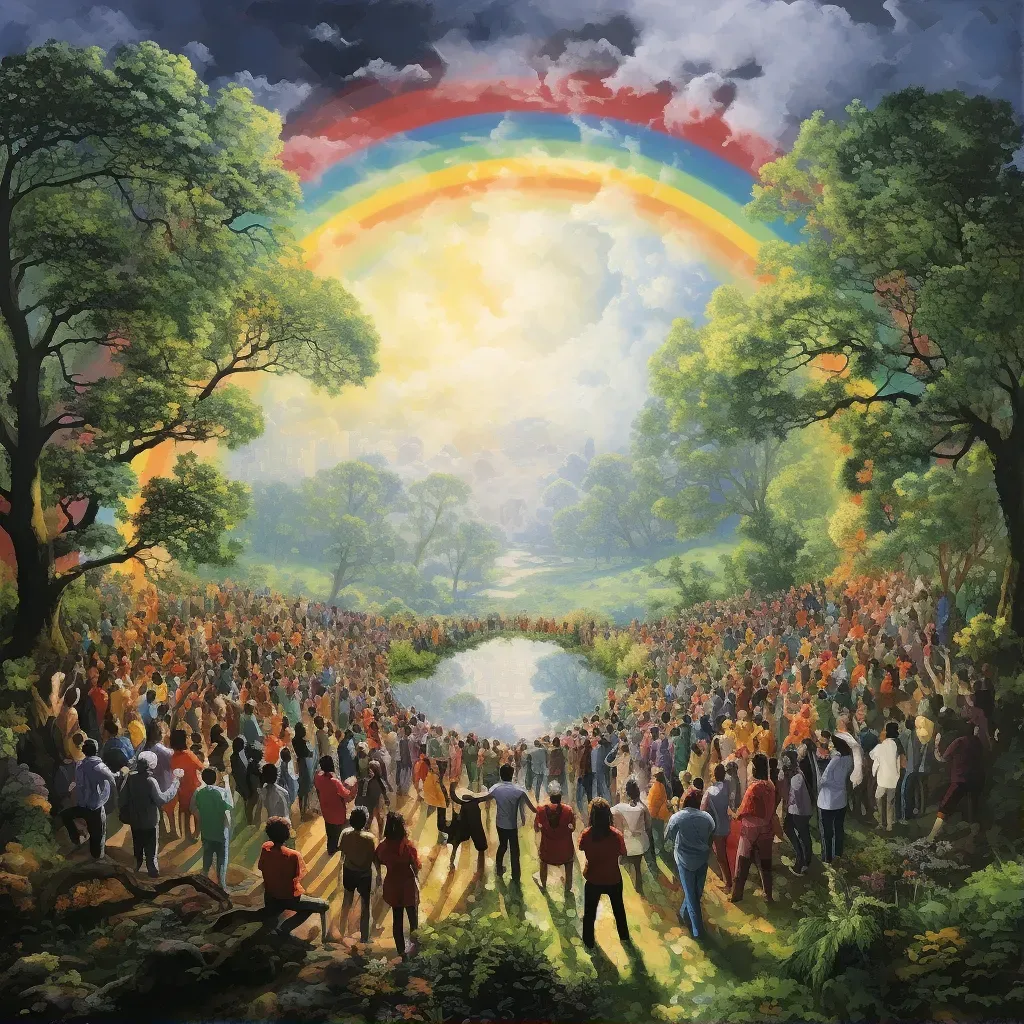 Large diverse group holding hands in circle in green park with rainbow above - Image 1