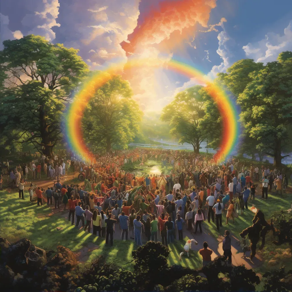 Large diverse group holding hands in circle in green park with rainbow above - Image 2