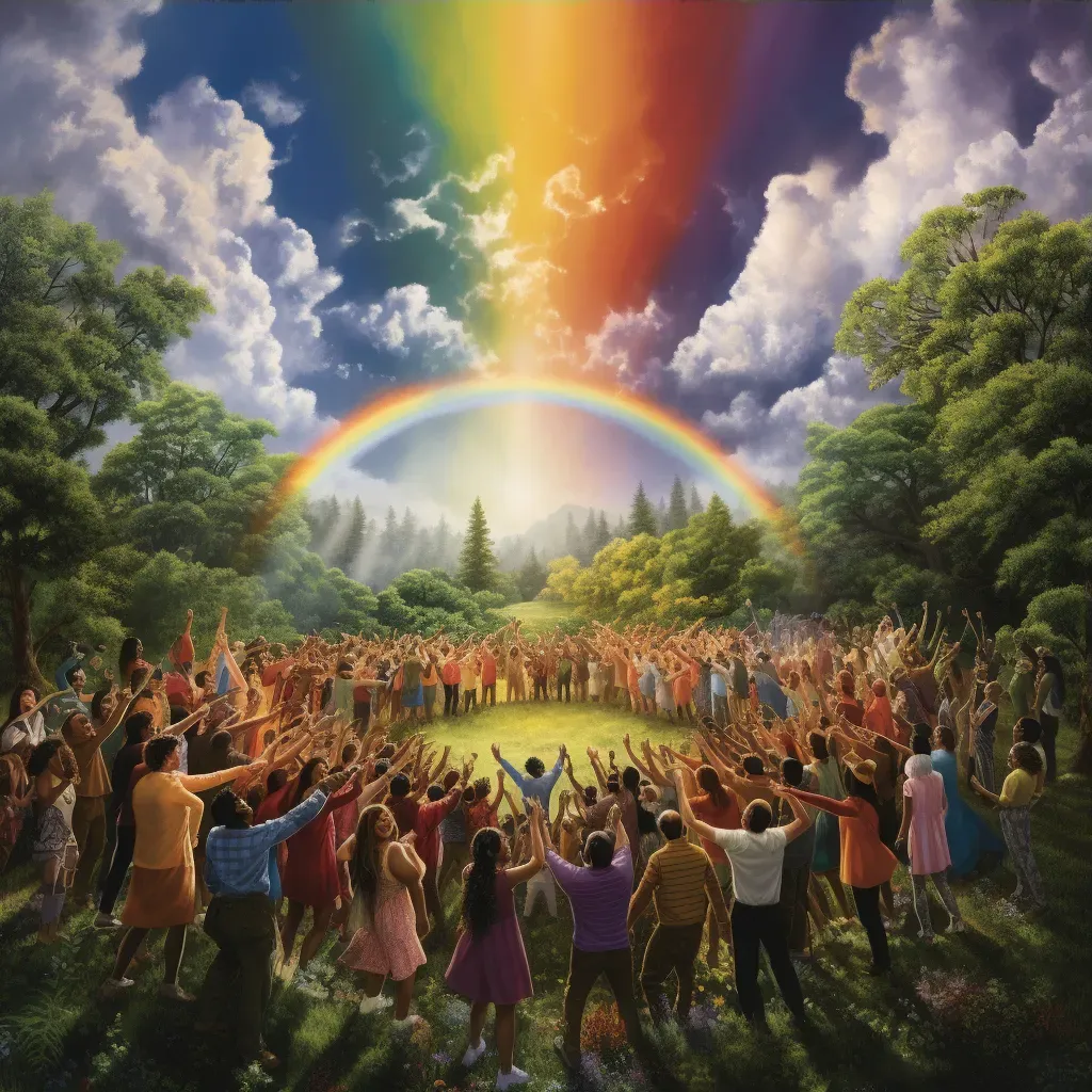 Large diverse group holding hands in circle in green park with rainbow above - Image 3