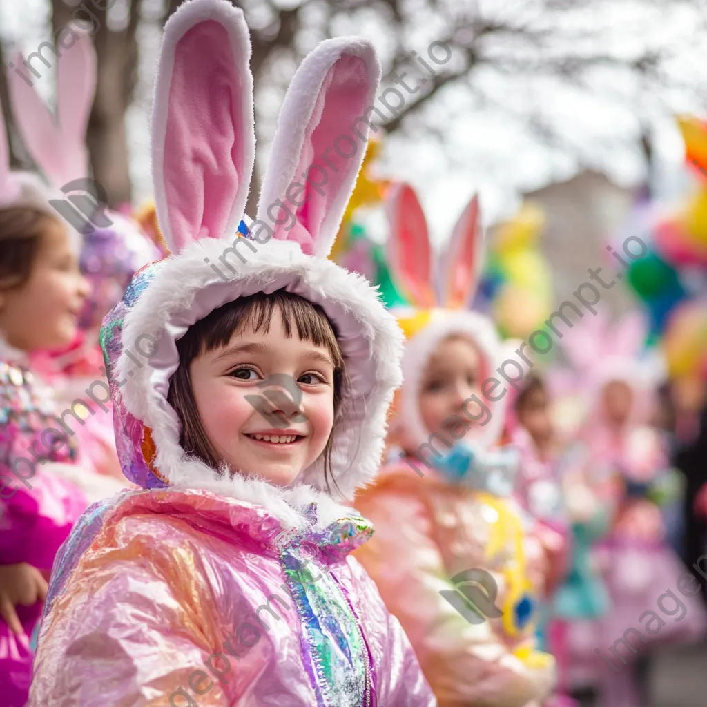 Children in bunny costumes at an Easter parade with colorful floats - Image 1