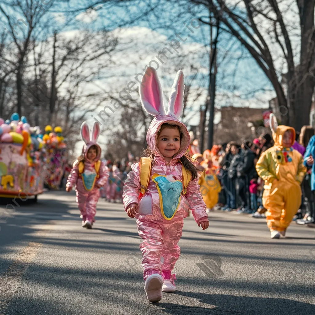 Children in bunny costumes at an Easter parade with colorful floats - Image 2