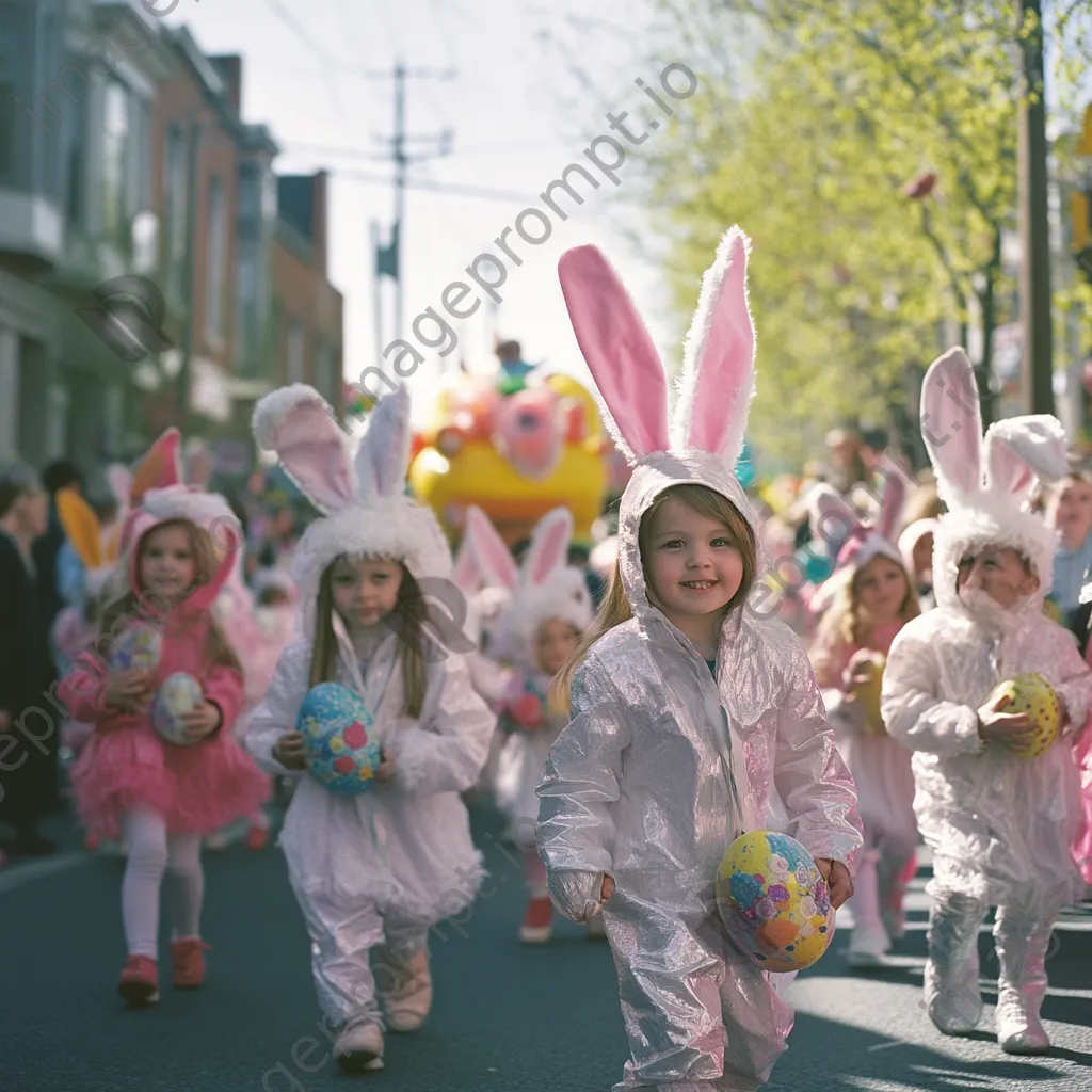 Children in bunny costumes at an Easter parade with colorful floats - Image 4