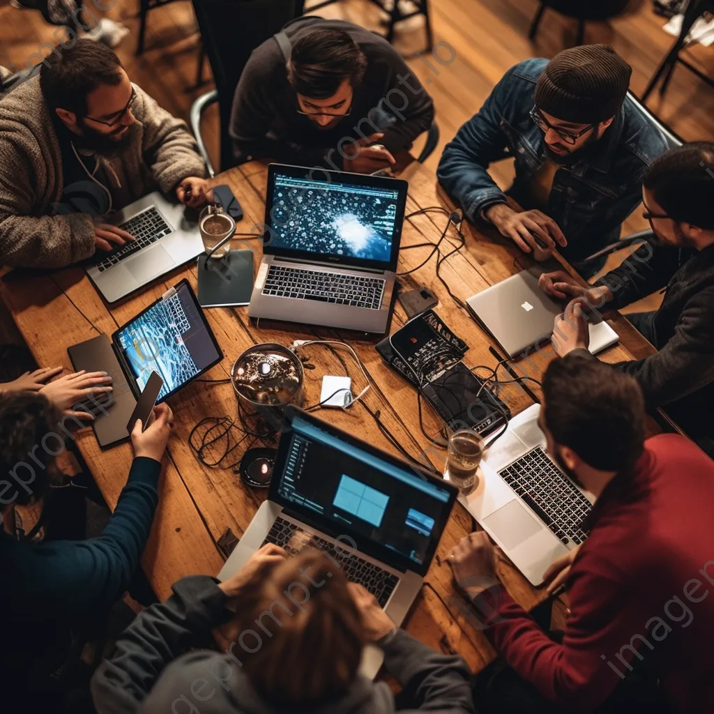 Overhead shot of diverse coders collaborating at a tech meetup - Image 1