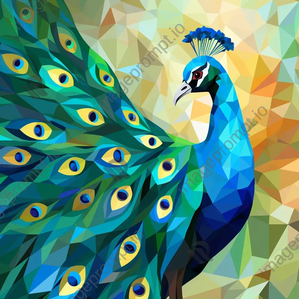 Geometric representation of peacock in low poly style with shades of blue and green - Image 1