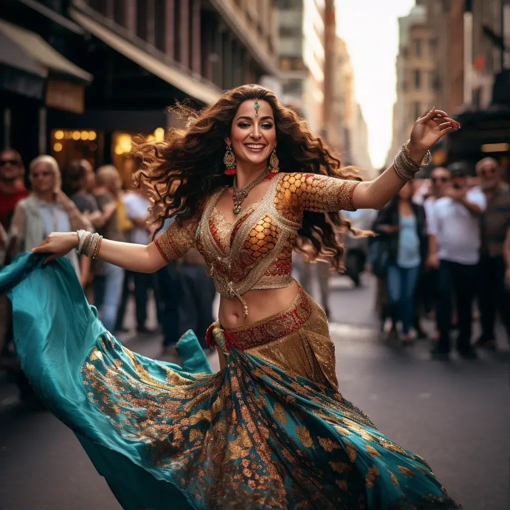 Traditional belly dancer enchanting onlookers on a busy street corner - Image 1