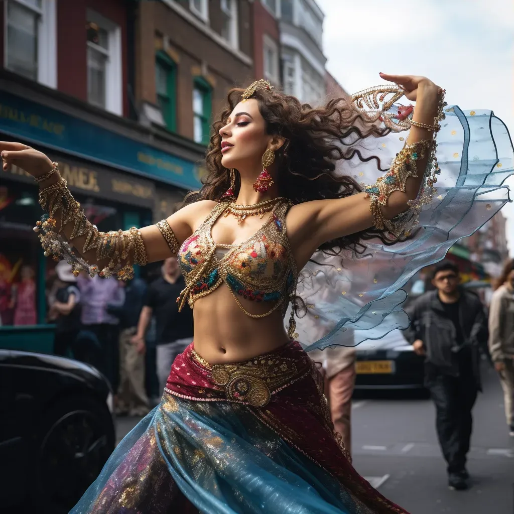 Traditional belly dancer enchanting onlookers on a busy street corner - Image 3