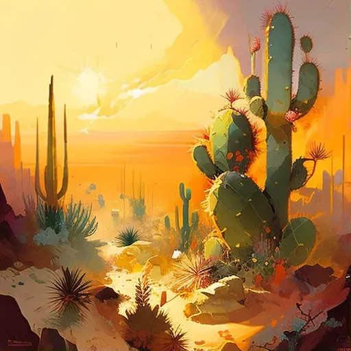 Cactus garden in desert landscape with setting sun - Image 1