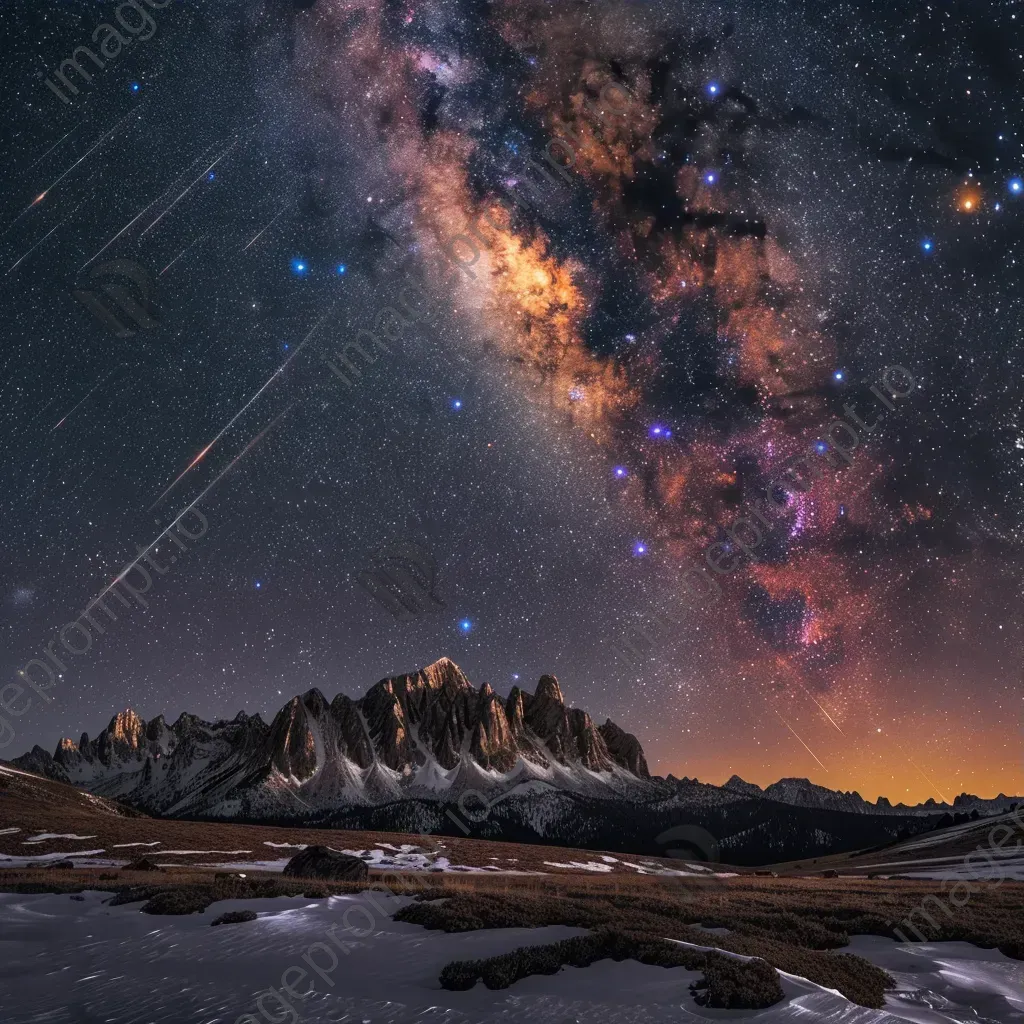 Milky Way galaxy with meteor shower and snowy mountain peaks - Image 3