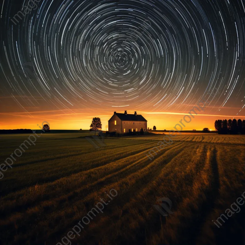 Star trails swirling in a circular pattern above a countryside with a farmhouse - Image 1