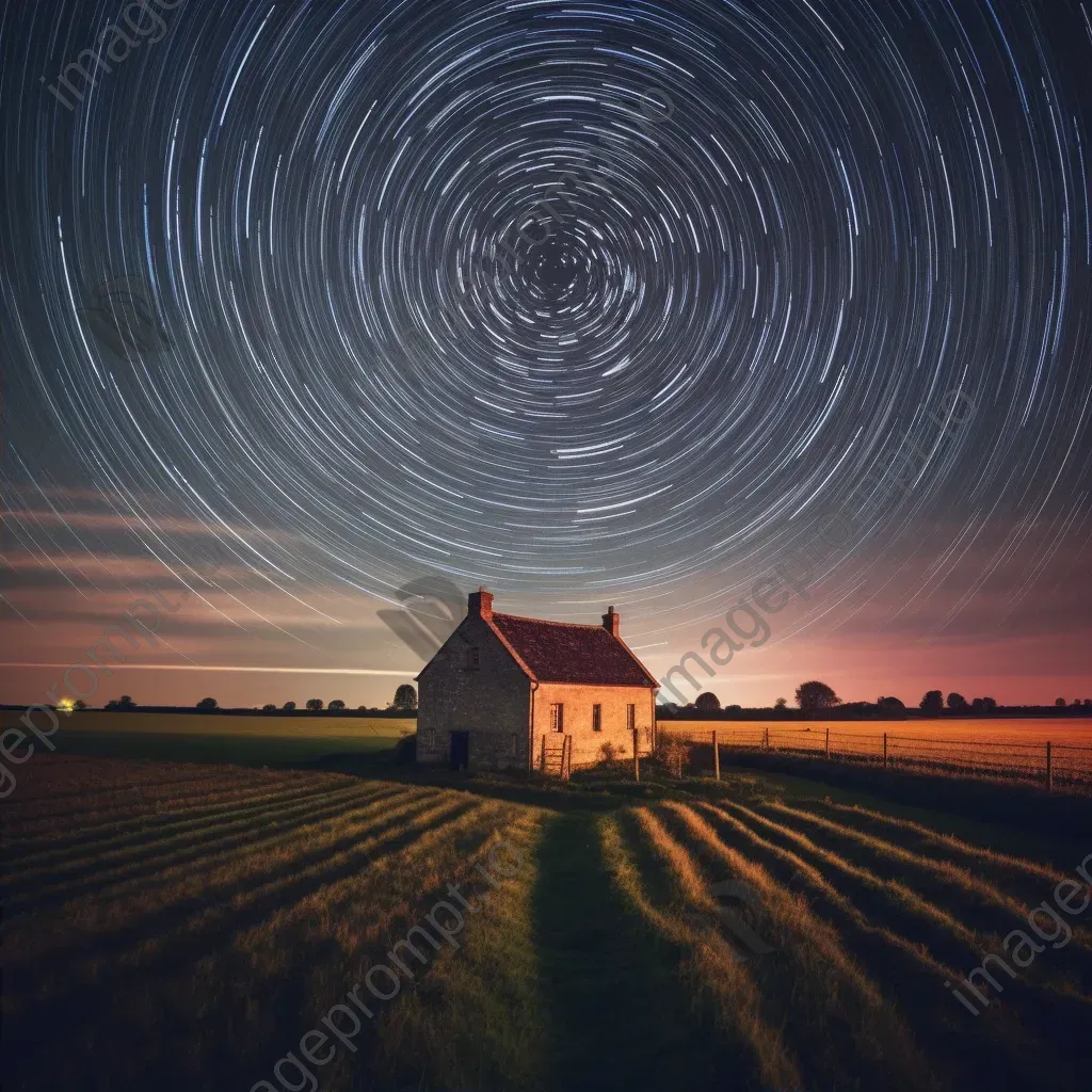 Star trails swirling in a circular pattern above a countryside with a farmhouse - Image 2