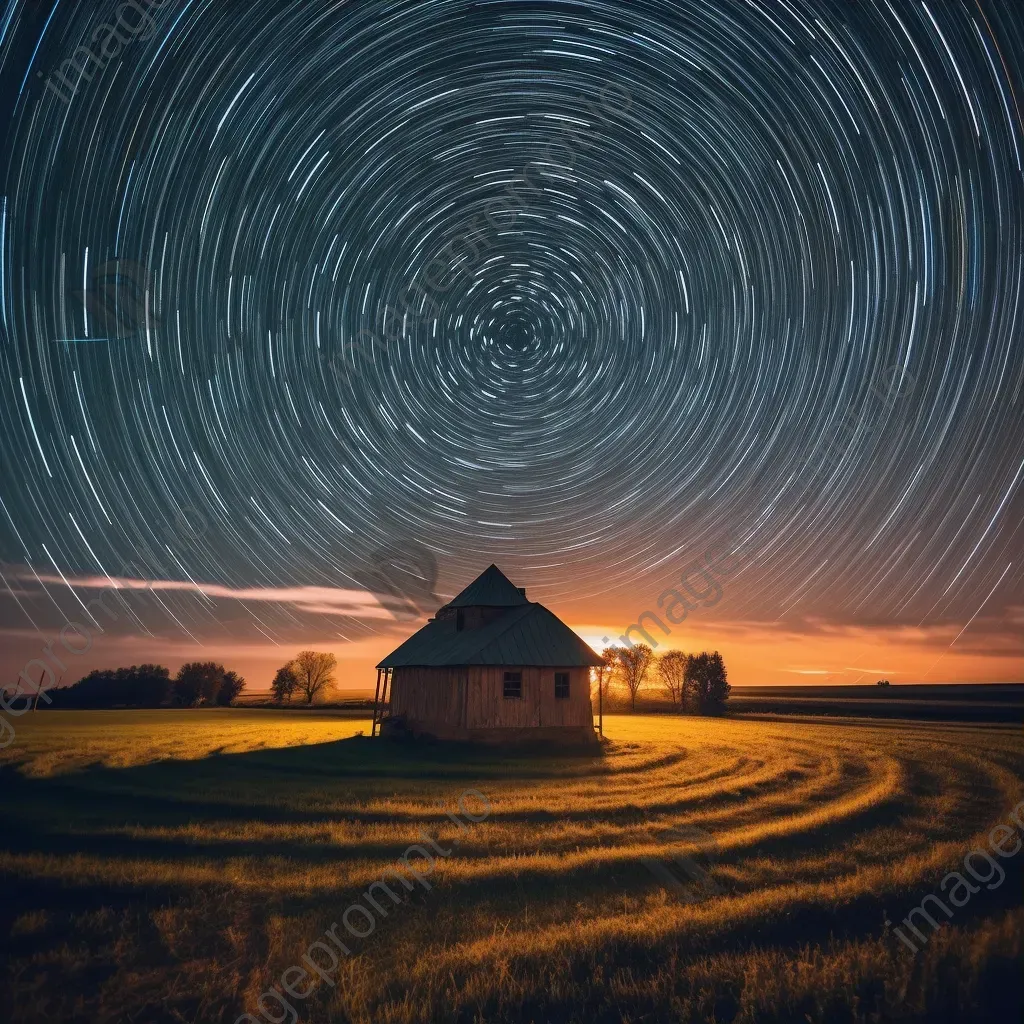 Star trails swirling in a circular pattern above a countryside with a farmhouse - Image 3