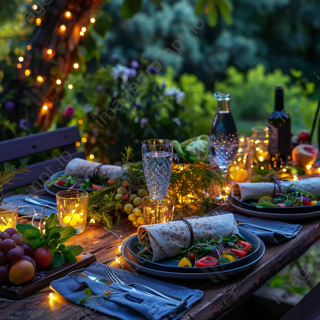 Gourmet salad wraps served on a garden table with lights - Image 1