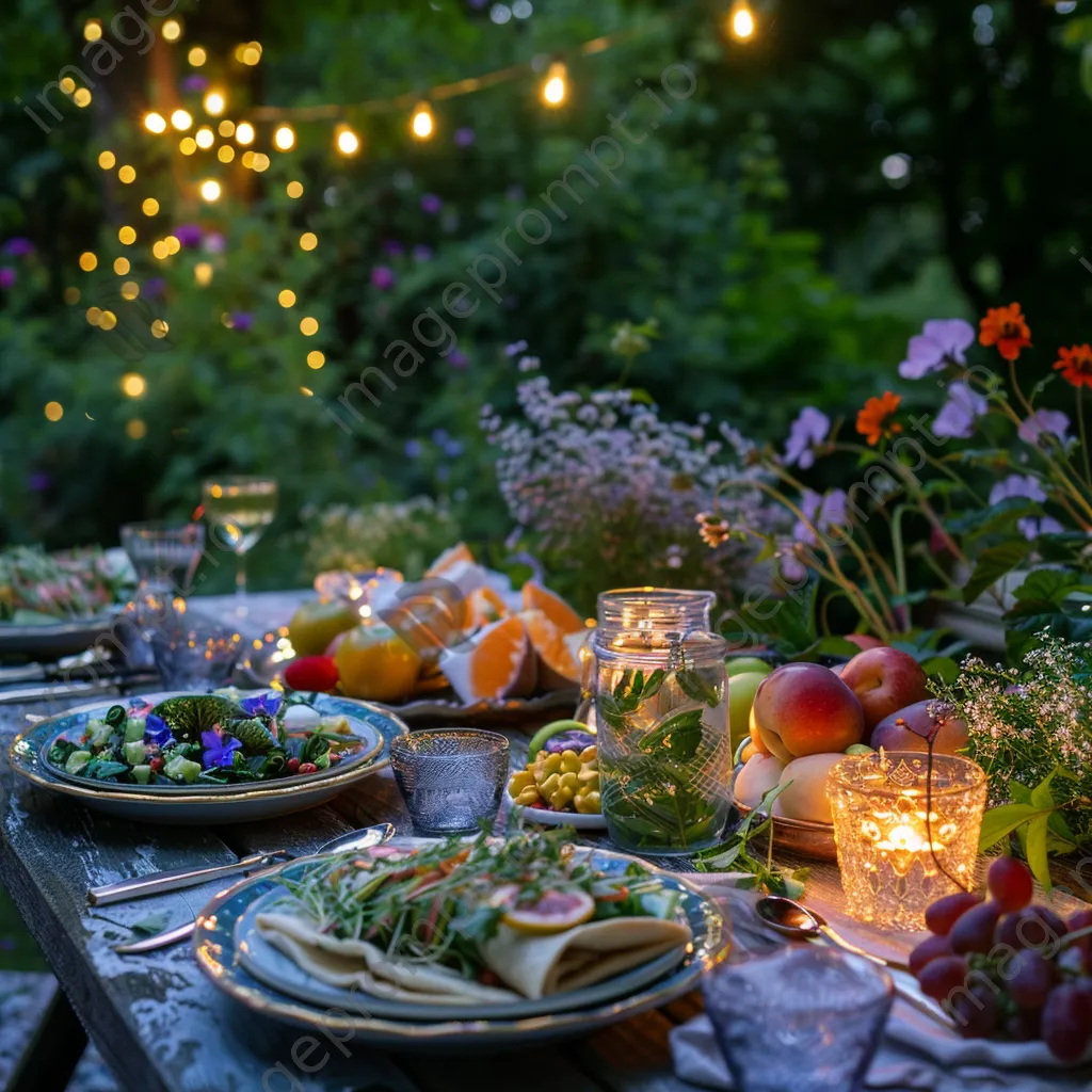 Gourmet salad wraps served on a garden table with lights - Image 4