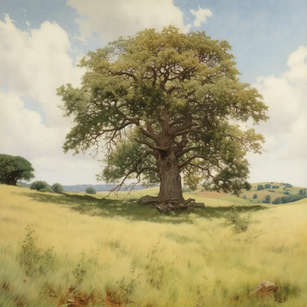 Image of a solitary oak tree standing tall in the middle of untouched grassland - Image 1