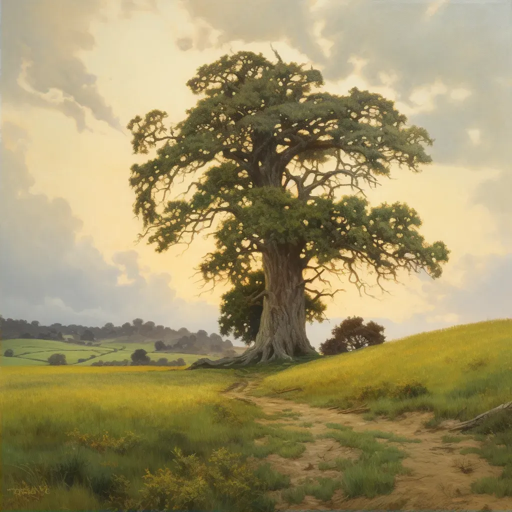 Image of a solitary oak tree standing tall in the middle of untouched grassland - Image 2