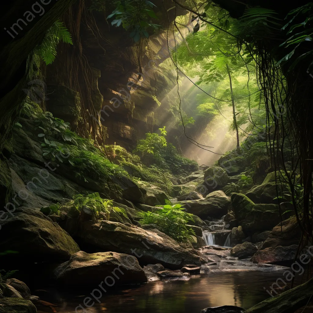 Tranquil alcove with a waterfall in a lush forest understory. - Image 1