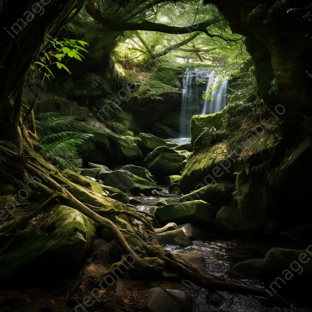 Tranquil alcove with a waterfall in a lush forest understory. - Image 2