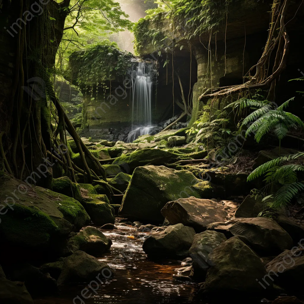 Tranquil alcove with a waterfall in a lush forest understory. - Image 3