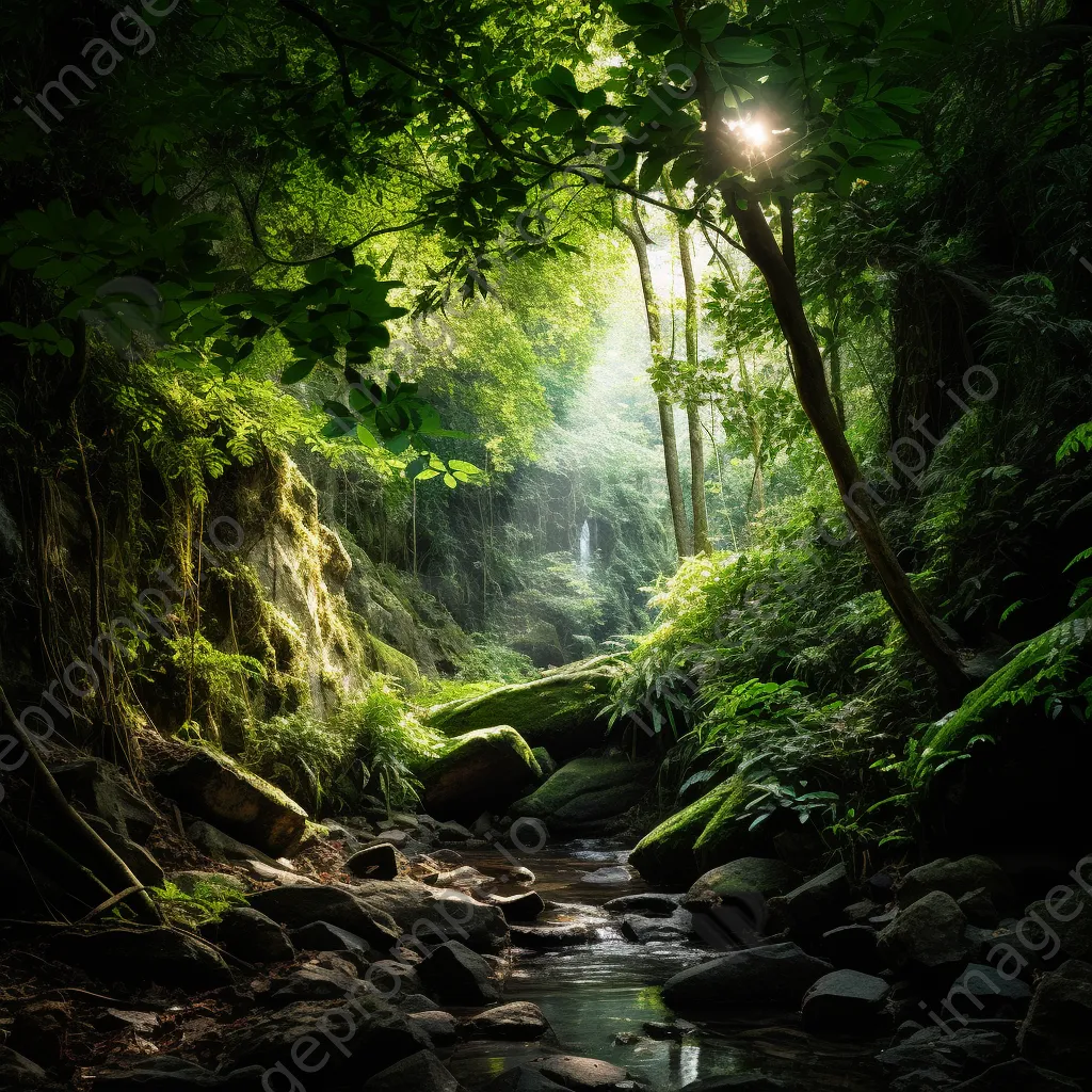 Tranquil alcove with a waterfall in a lush forest understory. - Image 4