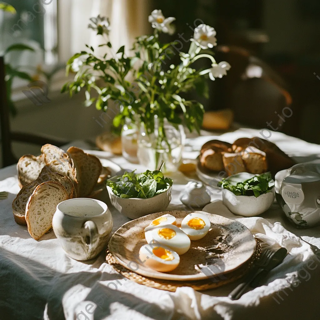 Organic brunch featuring eggs and artisan bread displayed on a linen tablecloth with morning light. - Image 2