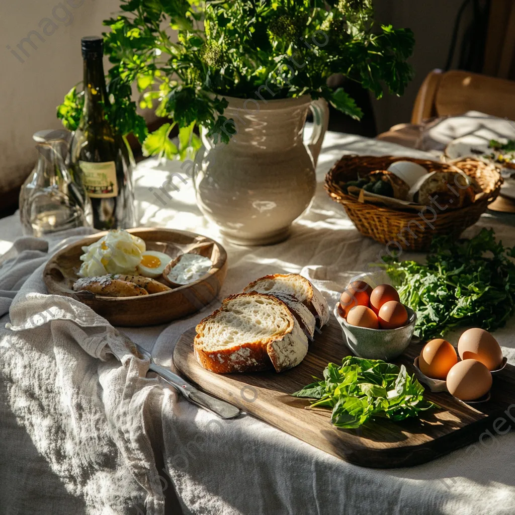 Organic brunch featuring eggs and artisan bread displayed on a linen tablecloth with morning light. - Image 3